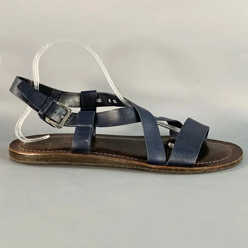 SALVATORE FERRAGAMO Size 8 Navy Brown Leather Strappy Sandals